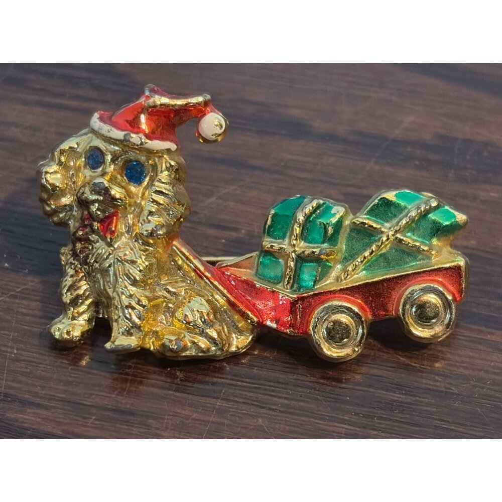 VTG Christmas Dog Pin Brooch Santa Hat & Gift Cart Gold-Tone By Beatrix 1.5"